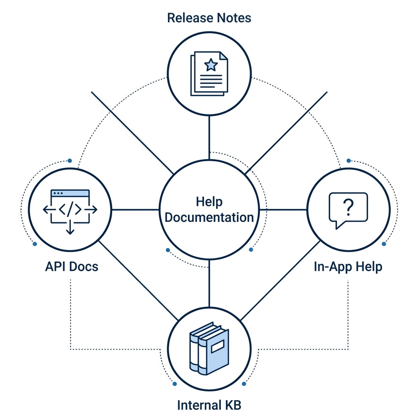 Documentation ecosystem: Help Documentation connects to API Docs, Release Notes, and In-App Help, all feeding into Internal KB