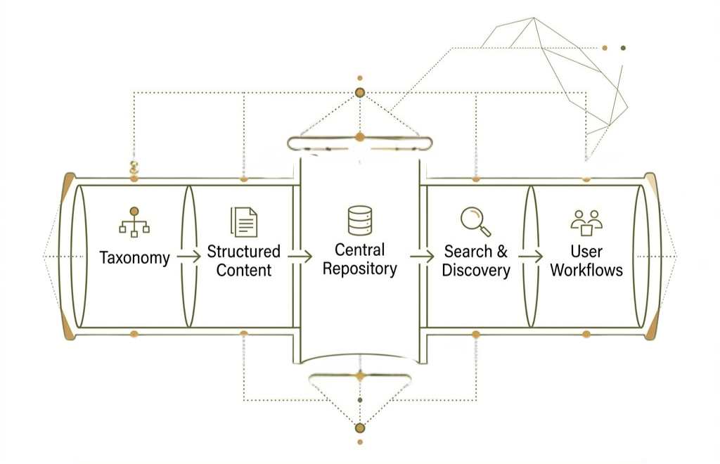 Knowledge Architecture System View — Taxonomy to Structured Content to Central Repository to Search and Discovery to User Workflows