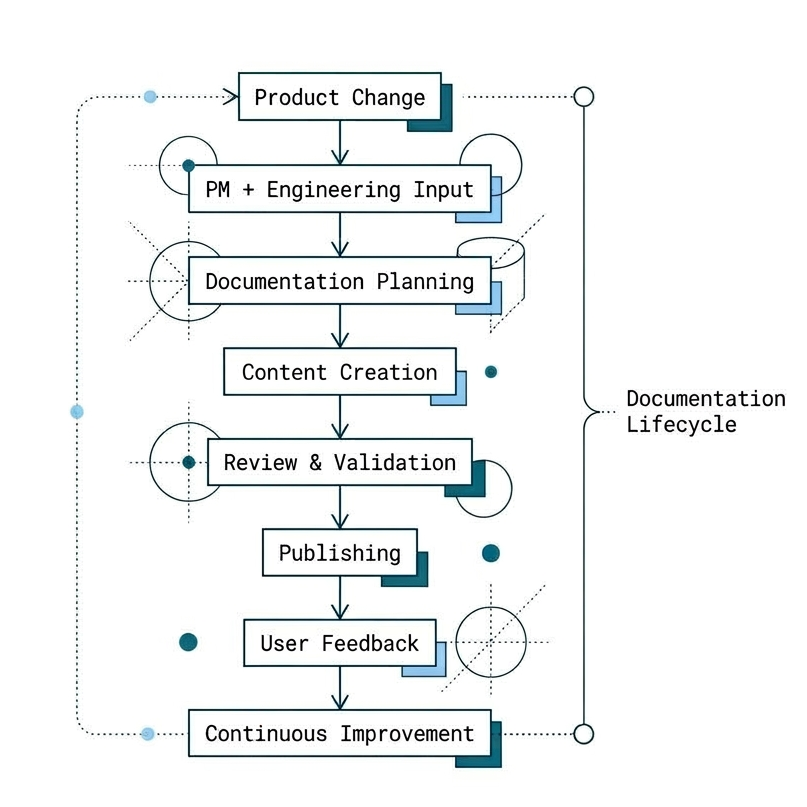 Documentation system pipeline: Product Change to PM and Engineering Input to Documentation Planning to Content Creation to Review and Validation to Publishing to User Feedback to Continuous Improvement